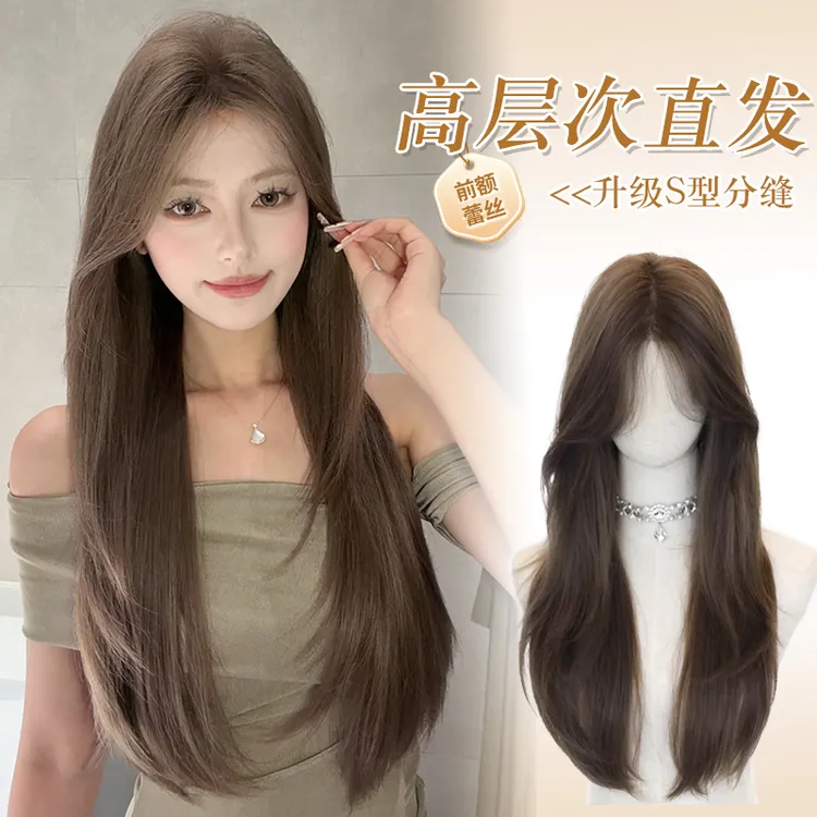 【薄荷茶棕】高层次中分长直发前额蕾丝假发全头套日常整顶假发套薄