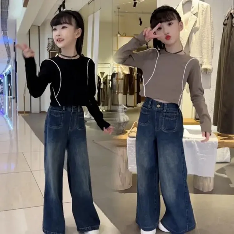 FAVMARTHA女童新款秋季织带T恤衫牛仔喇叭阔腿裤套装