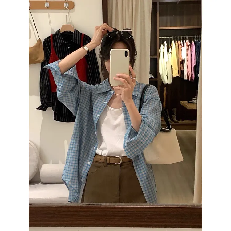 慕拾里MSL 蓝格子百搭衬衣白色背心气质休闲显瘦A字半裙套装女春