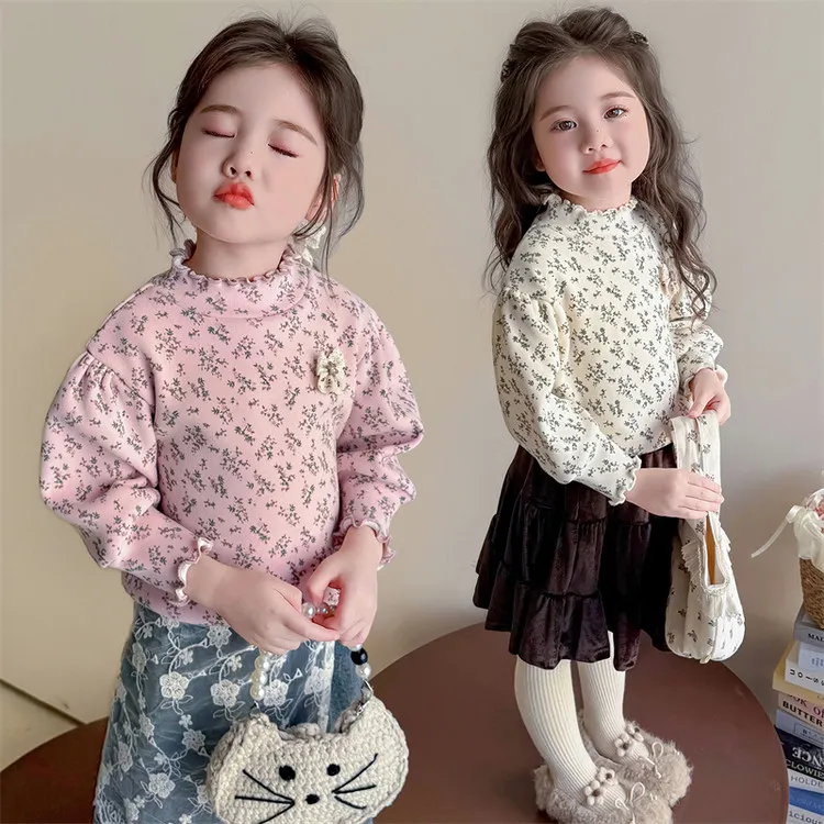 女童加绒上衣加厚半高领碎花打底衫2025冬季软糯柔弹保暖衣服科学