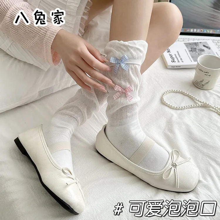 解锁新穿搭~miu系堆堆袜夏薄款甜美中筒袜白色蝴蝶结芭蕾风袜子女