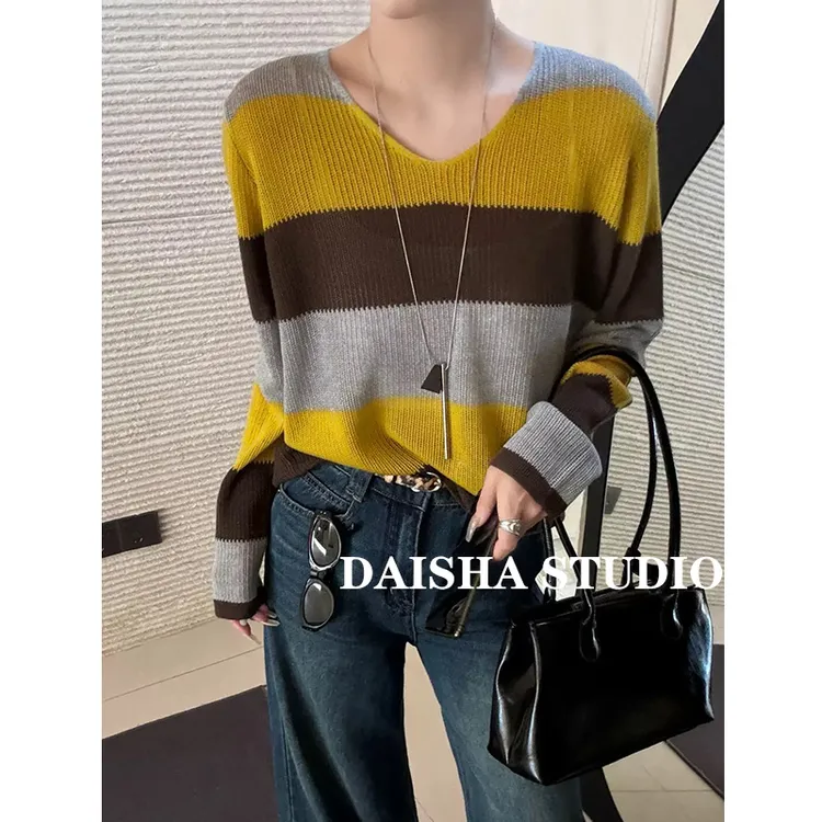 【奶油可露丽】早秋薄款长袖V领条纹针织衫女宽松慵懒显瘦百搭上衣