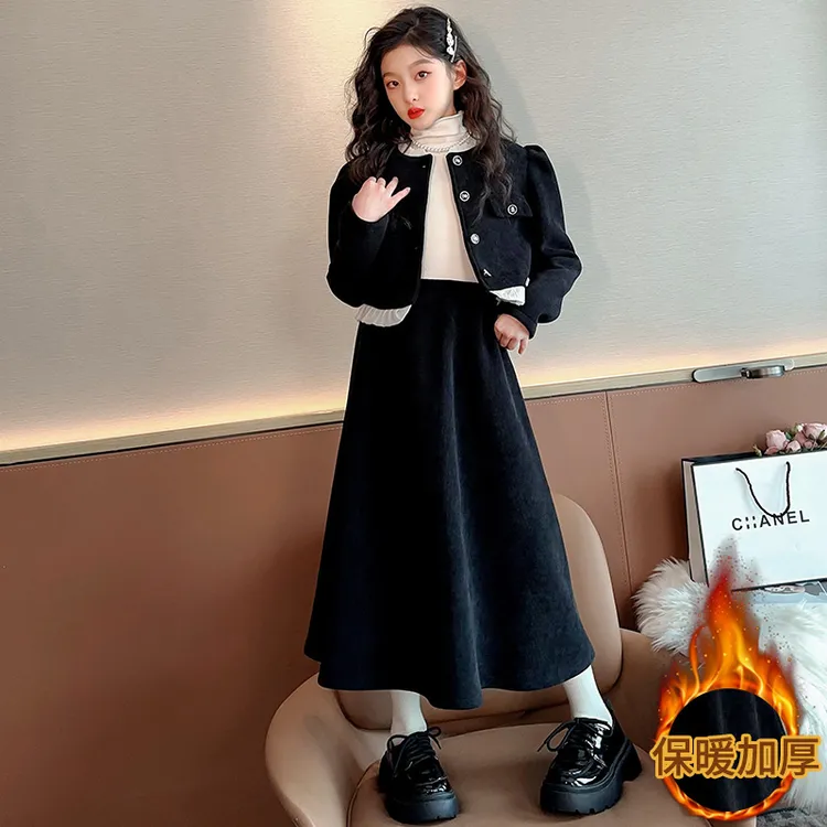 女童秋冬连衣裙2025新款洋气儿童小香风女孩冬季大童加绒套装裙子