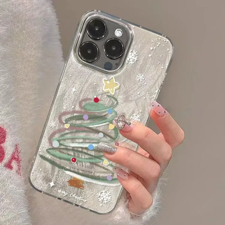 彩绘圣诞树适用于iphone17苹果16promax手机壳全包大孔羽纱壳硬壳