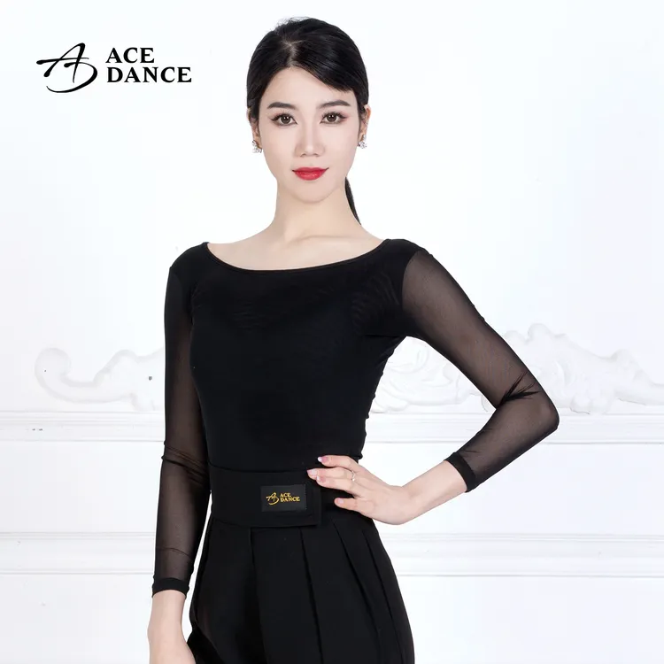 ACE dance拉丁舞女成人舞服锦纶网纱拼接长袖短袖上衣摩登练功服