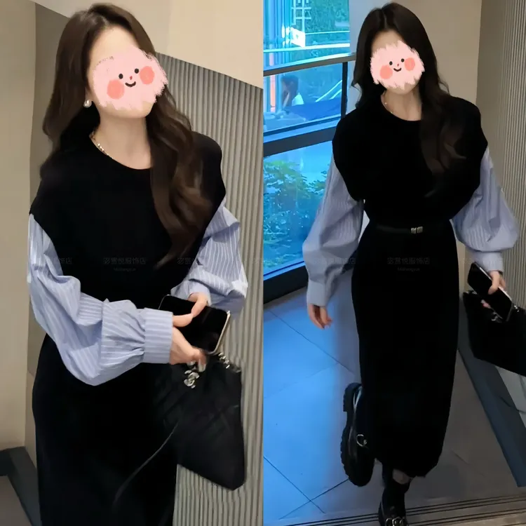 2025早秋新款韩系懒惰风松弛感针织拼接舒适时尚条纹假两件连衣裙