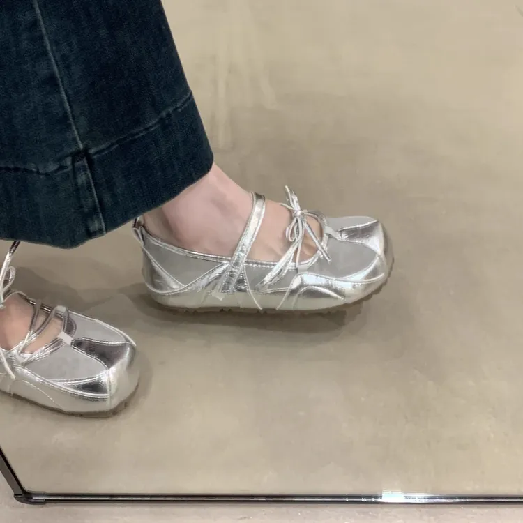 法式厚底银色芭蕾风单鞋女2025新款秋夏季休闲勃肯鞋德训鞋板鞋子