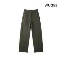 【WUGEE】100%棉牛仔裤弯刀裤彩牛显瘦高腰复古直筒秋冬水洗榉木绿