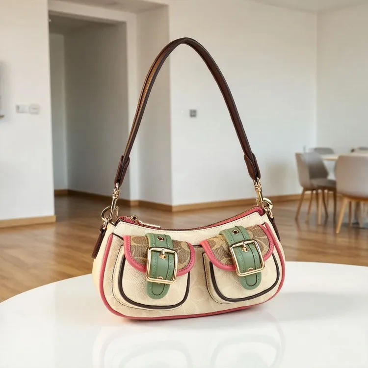 2025新款轻奢撞色双口袋腋下包包女时尚百搭单肩斜挎包通勤手提包