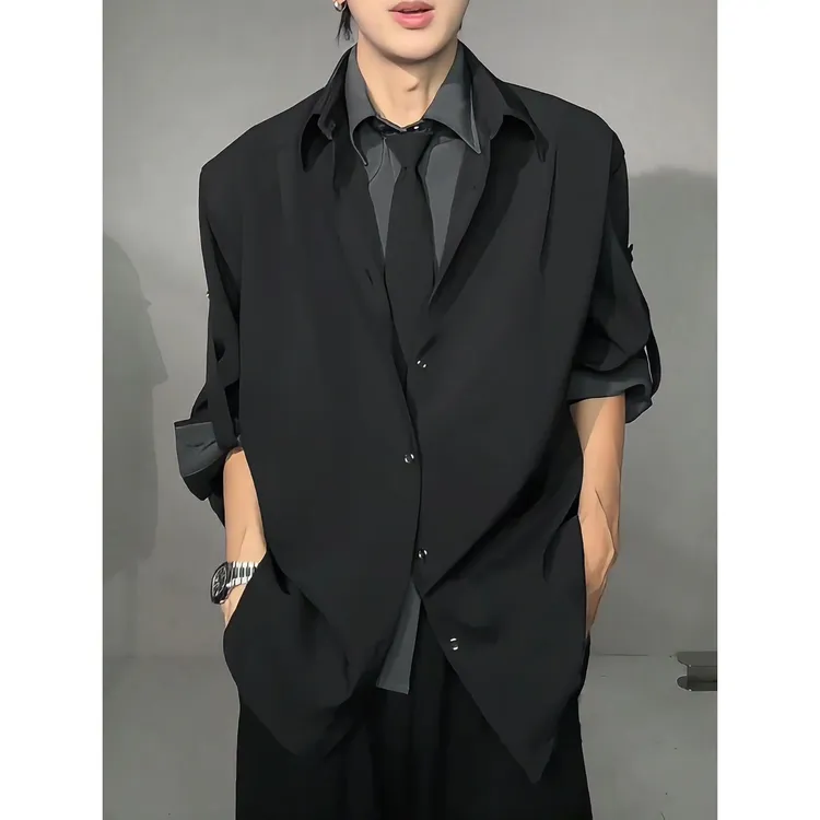 假两件拼接领带设计感衬衫男款早秋季高级感衬衣外套痞帅休闲西装