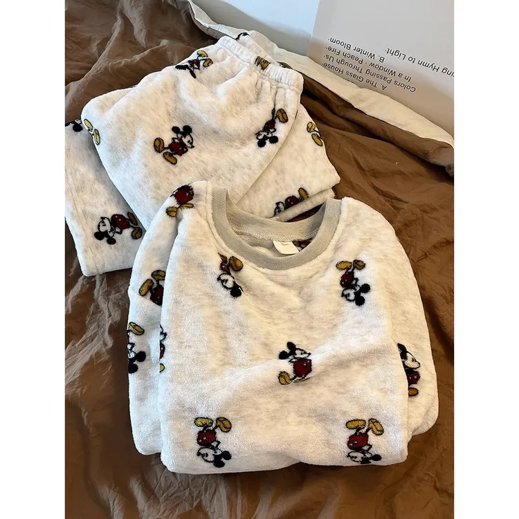 韩版甜美卡通米老鼠印花珊瑚绒睡衣女冬款可爱保暖大码居家套装