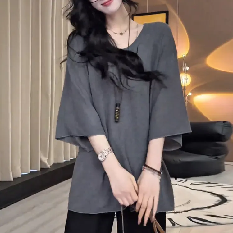 简约灰色中袖不规则t恤女装早秋新款设计感小众宽松短袖半袖上衣