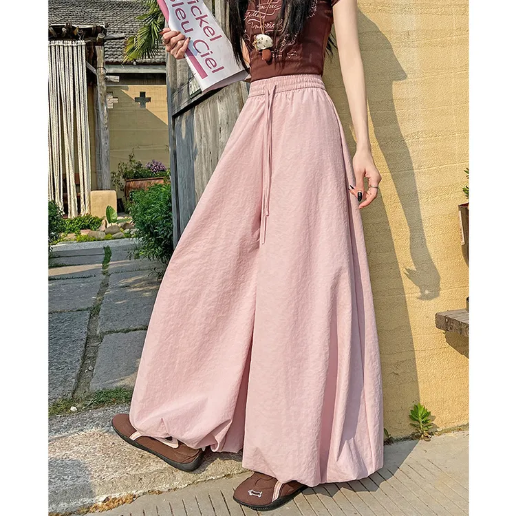 韩系慵懒风粉色奶芙冰丝阔腿裤女夏季抽绳亮色多巴胺高腰花苞裙裤