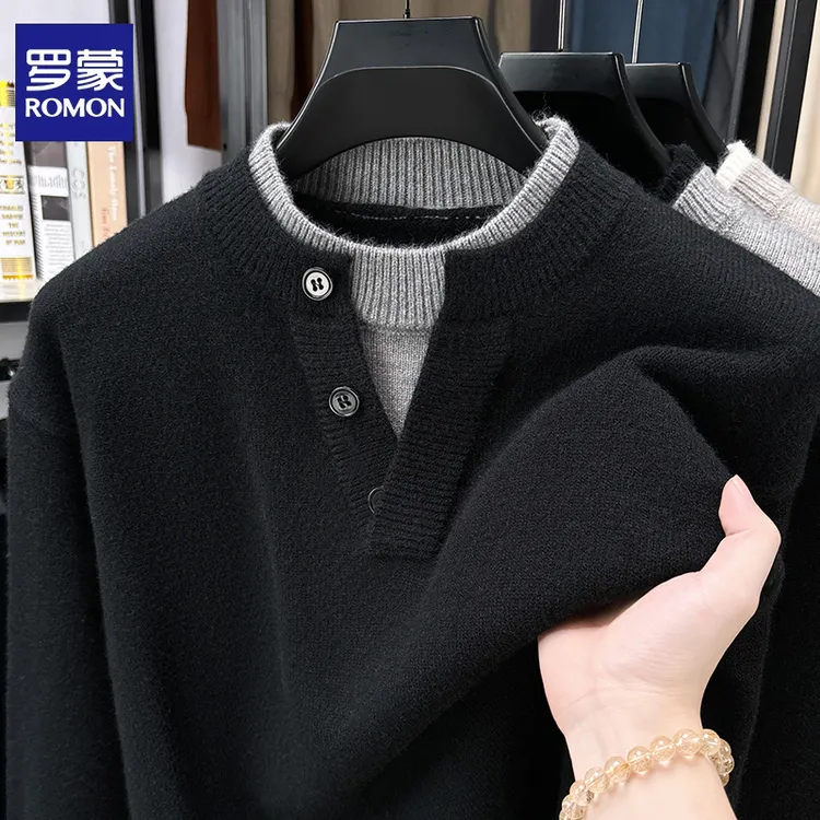 罗蒙假两件套头毛衣男2025秋冬季新款时尚商务休闲内搭针织打底衫