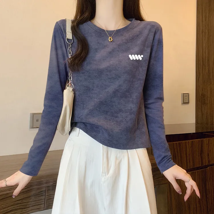 扎染渐变新款纯棉正肩修身长袖t恤女春秋冬季爆款内搭打底衫上衣