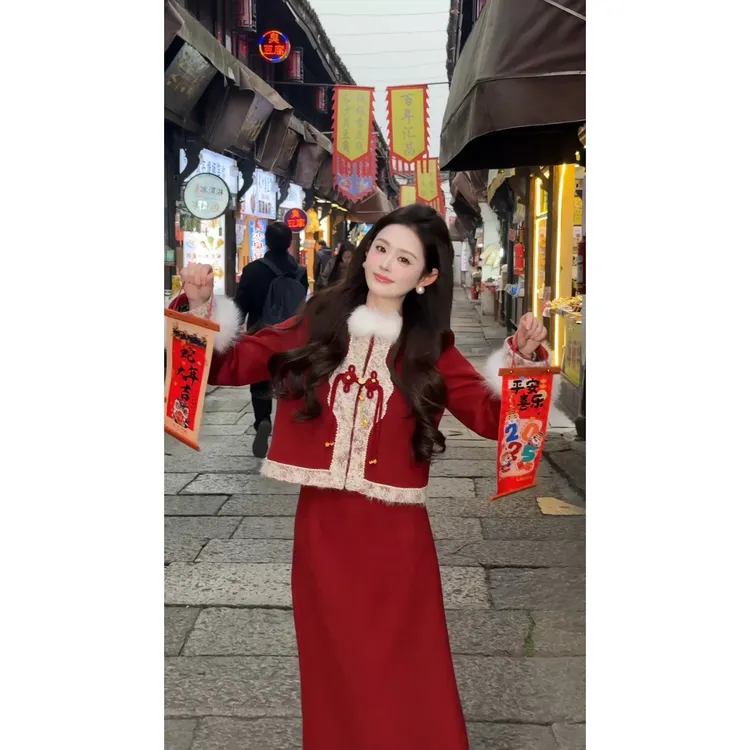 【珠联璧合】<77>新中式盘扣蕾丝拼接羽绒毛呢外套+半裙XMZH5552