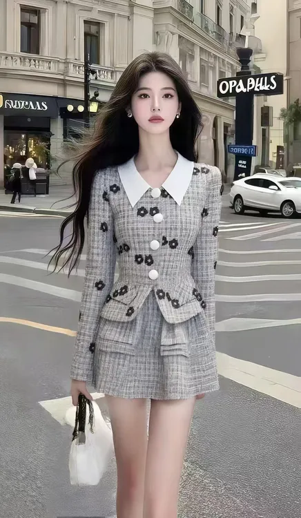 秋季时尚温柔千金风灰色长袖碎花单排扣上衣+灰色半身裙女两件套