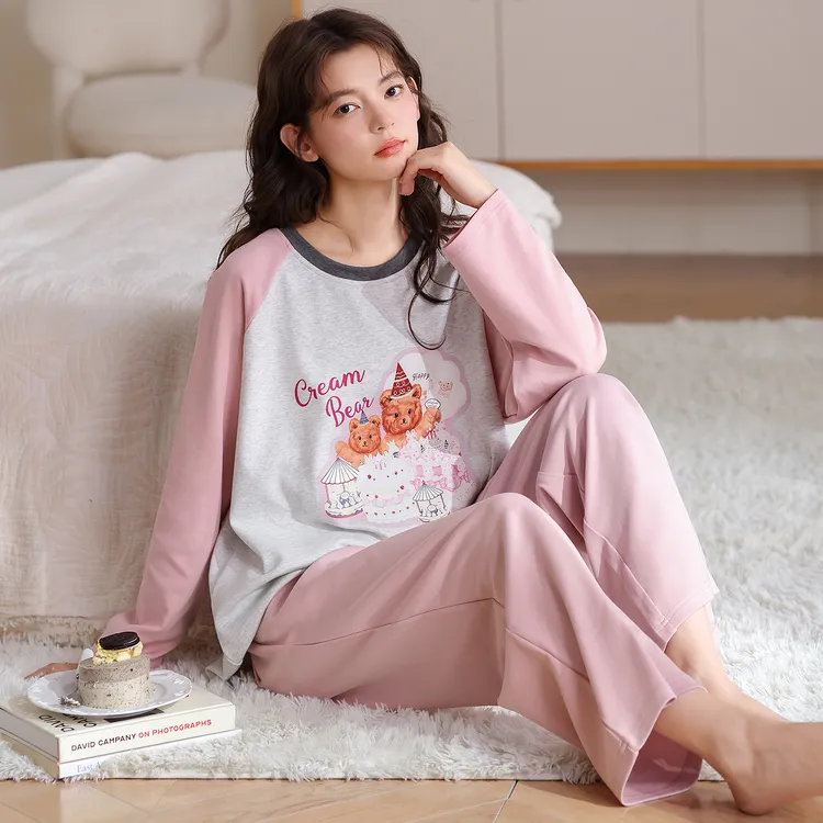 甜美韩系女士睡衣春秋季新款纯棉圆领长袖长裤简约休闲家居服套装