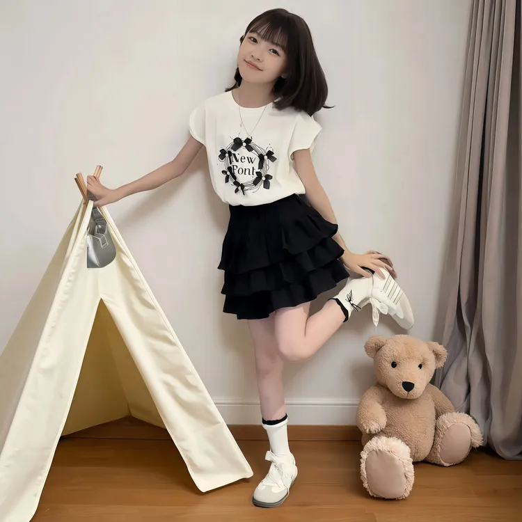 女童套装夏季纯色薄款儿童百搭时尚百褶裙两件套学院风夏装中大童