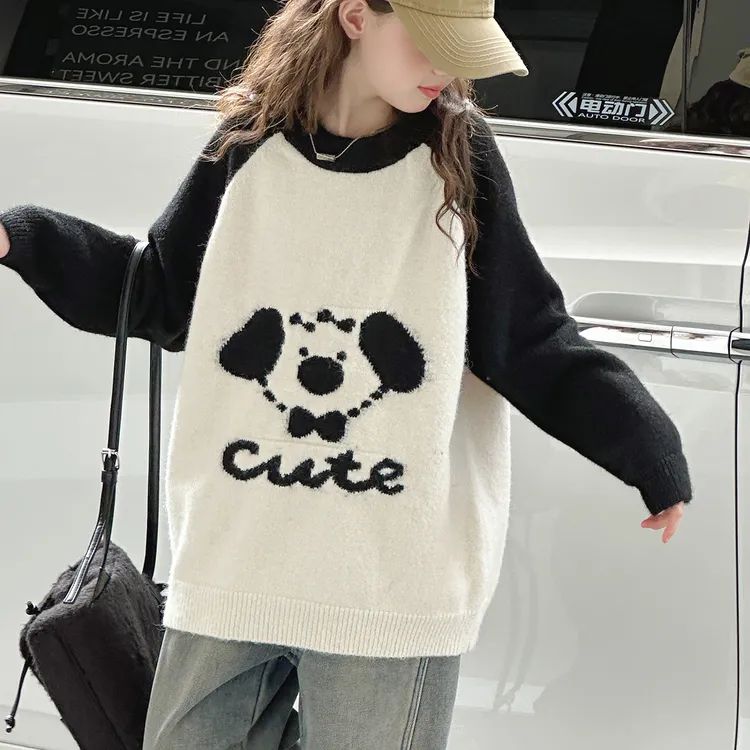 女童秋冬毛衣2025新款6-12岁中大童秋装小狗针织衫插肩袖上衣百搭