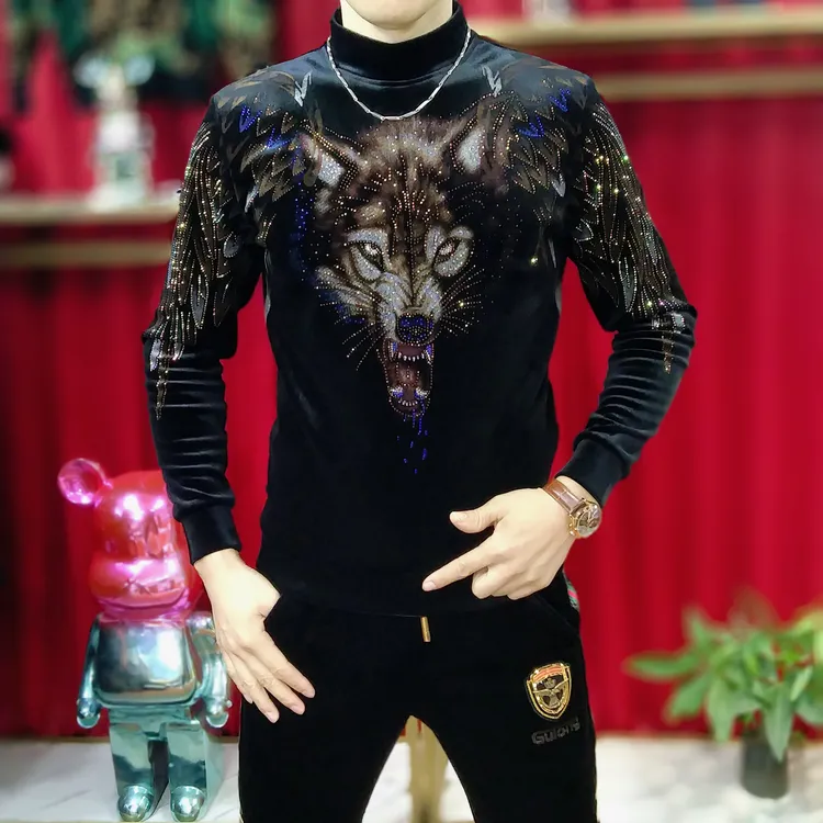 新款时尚秋冬休闲狼头烫钻半高领丝绒长袖潮流修身百搭加绒卫衣