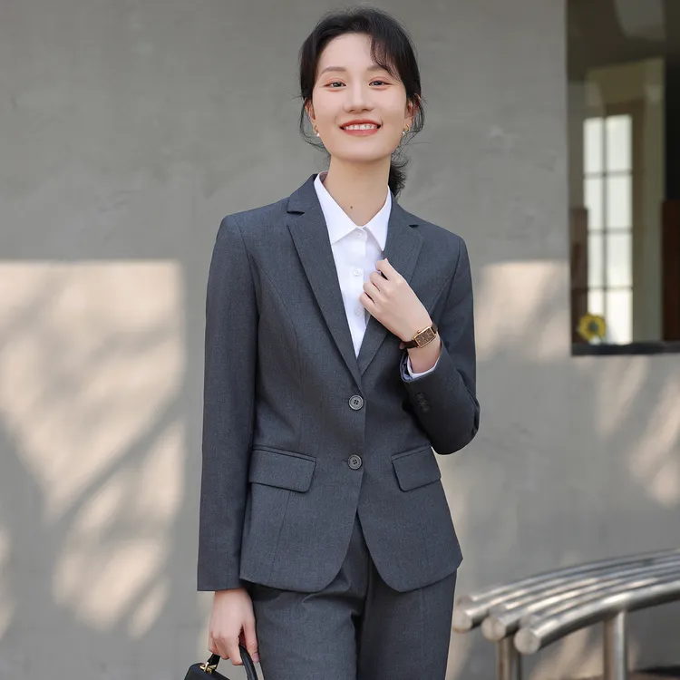 深灰色平驳领西装套装女士2025春秋季新款销售前台工作装西服外套
