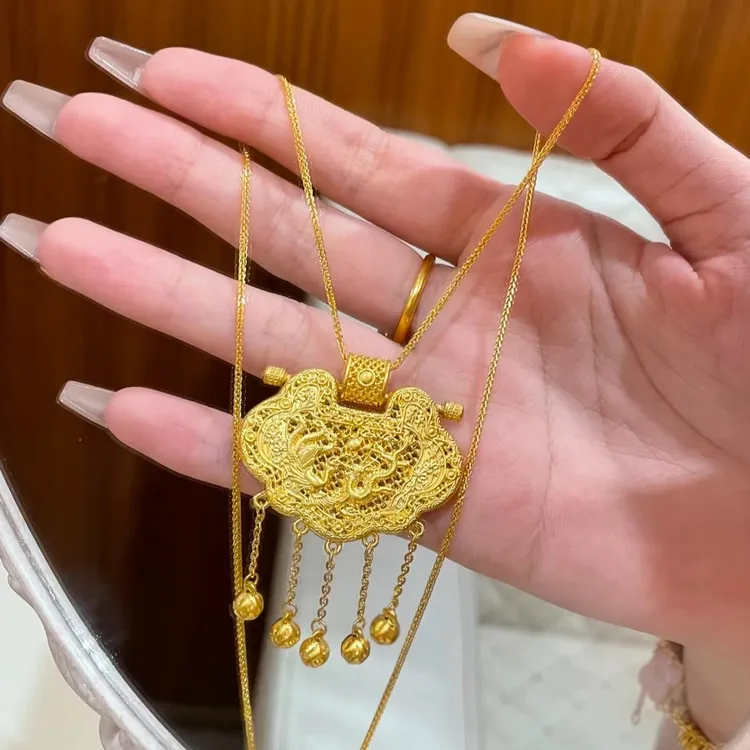 铜合金项链 天子门生锁吊坠项链女款龙凤呈祥锁包铃铛流苏颈链