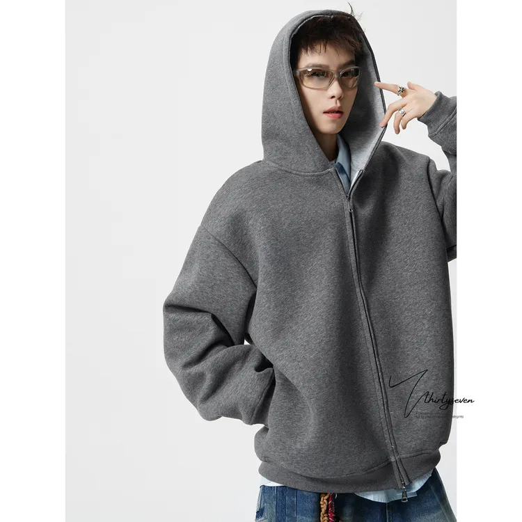 V37美式青少年廓形双拉链卫衣开衫男秋高街撞色宽松运动连帽外套