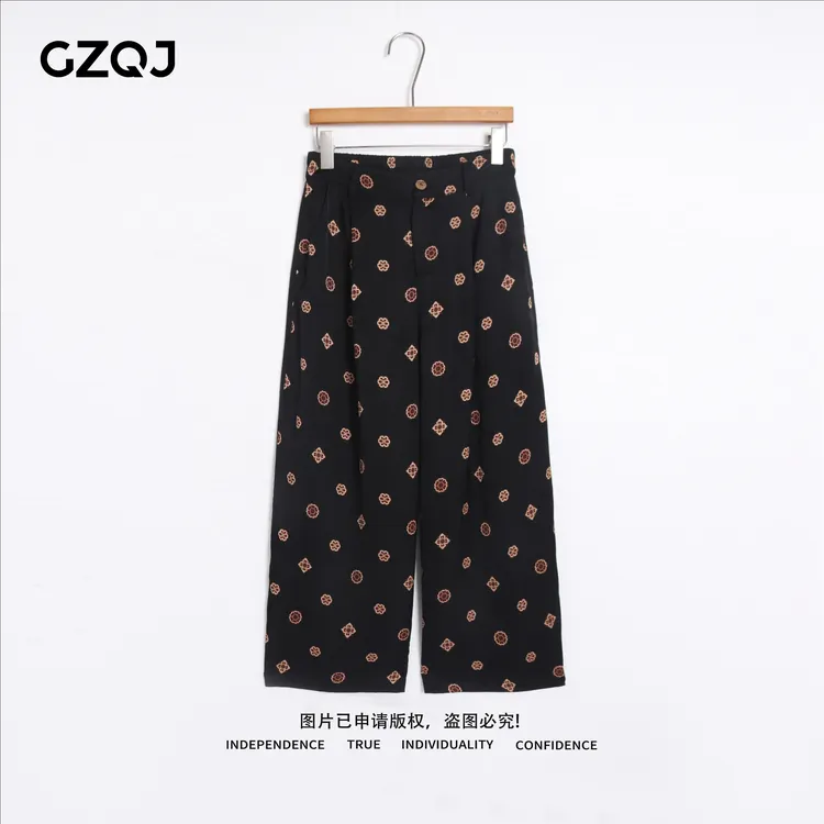 老琴私服【钱币裤】人丝香云纱欧若风百搭显瘦印花休闲裤子女夏7257