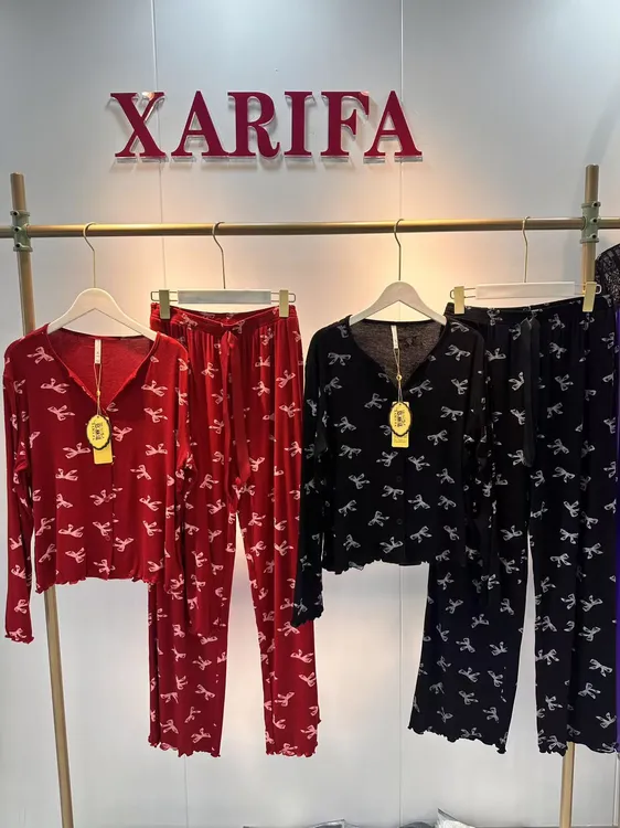 xarifa莫代尔蝴蝶结印染长袖睡衣套装两件套秋冬女舒适时尚524
