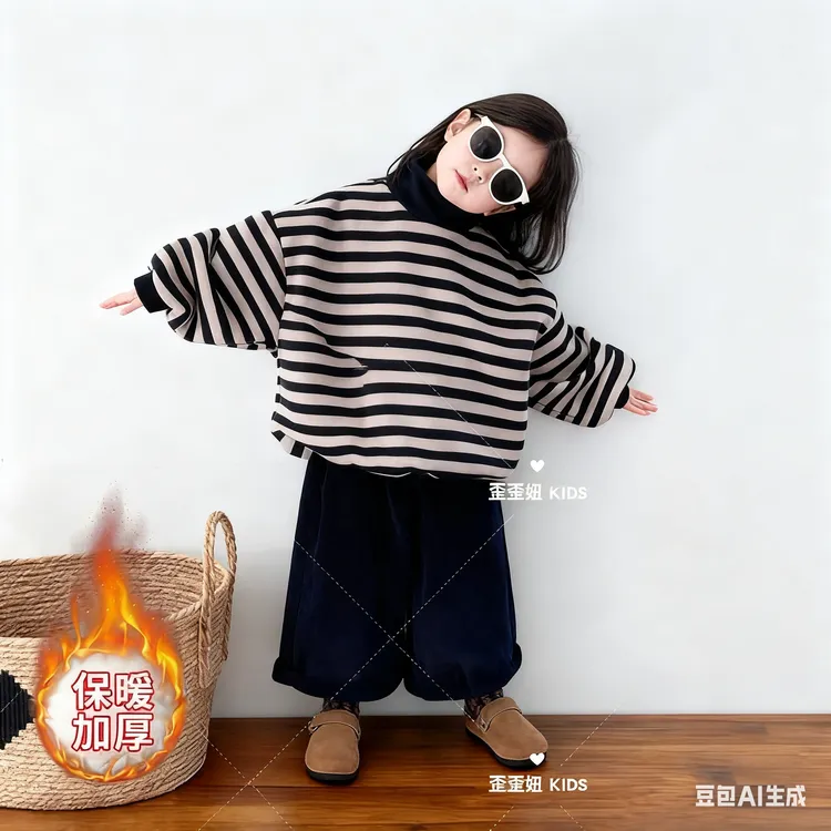 儿童加绒套装2025秋冬新款韩版男女童中性复古条纹高领卫衣直筒裤