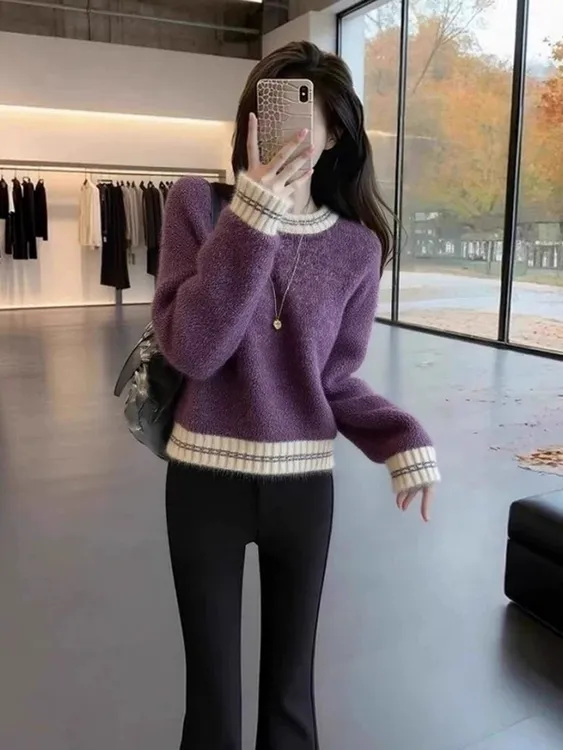 冬季韩里韩气上衣别致独特超好看洋气减龄漂亮高级感紫色针织毛衣