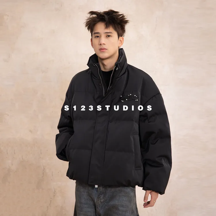 90白鸭绒 重工刺绣珍珠装饰立领羽绒服男冬季宽松加厚面包服