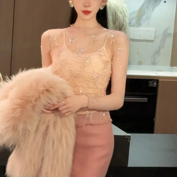 静宝儿【薄雾梦境】两件套蕾丝打底衫女春秋冬修身长袖网纱内搭性感