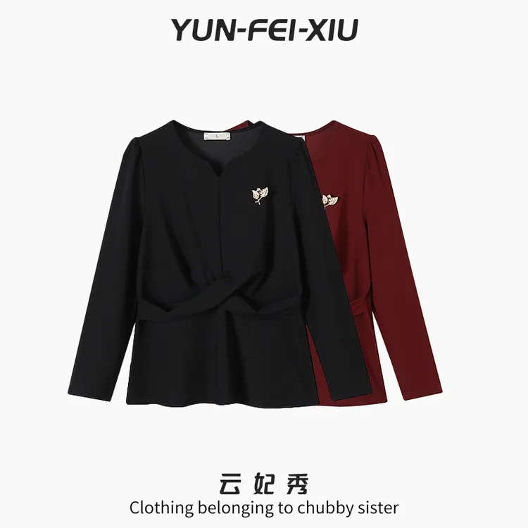 云妃秀大码女装T恤V领交叉设计时尚宽松显瘦遮肉胖妹妹秋季68732
