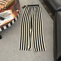 Hooomiee米米黑条纹设计款松紧腰高腰显瘦直筒长裤女220020