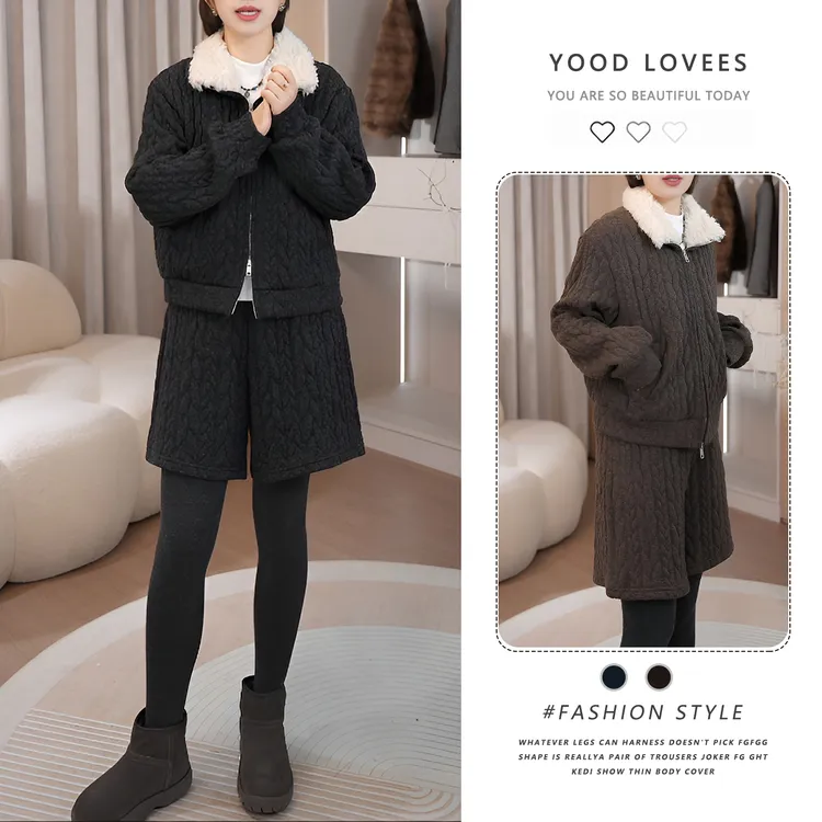 韩版松弛感翻领拉链麻花时尚上衣短裤套装2025秋冬慵懒随性穿搭潮