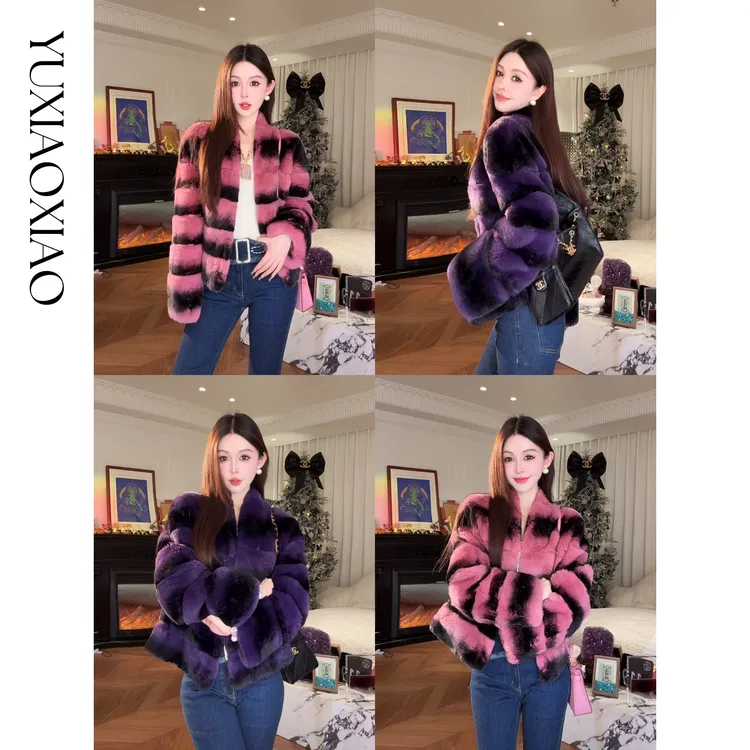 余潇潇【女星周刊】渐变层次整件横排雷克斯獭兔蓬松V领皮草外套