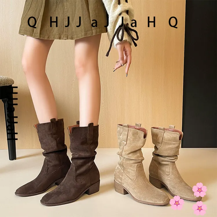 褶皱堆堆靴中筒靴粗跟V口显瘦内增高中筒复古西部牛仔靴百搭冬季