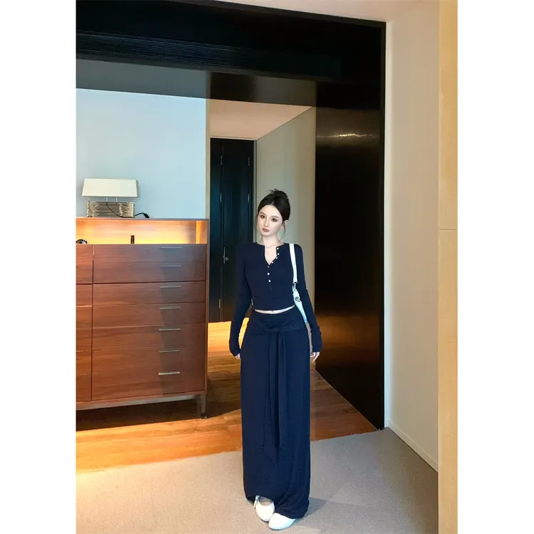 小众辣妹修身显瘦T恤上衣绑带垂感包臀半身长裙套装#8236