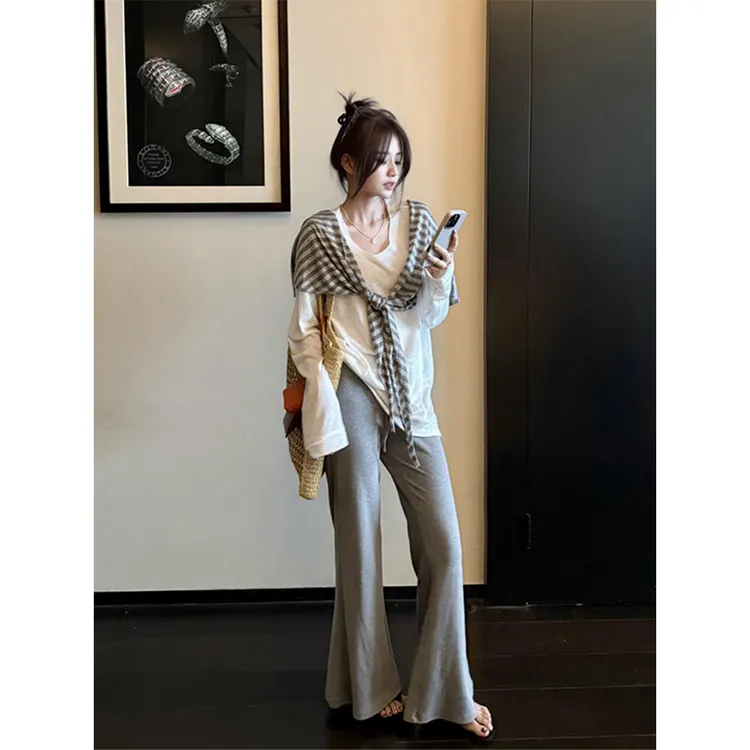 春夏一整套女装2025年新款韩系穿搭条纹防晒长袖上衣微喇裤两件套