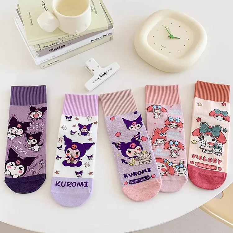 库洛米女童袜子春秋棉袜儿童中筒袜秋冬季卡通可爱美乐蒂女孩棉袜
