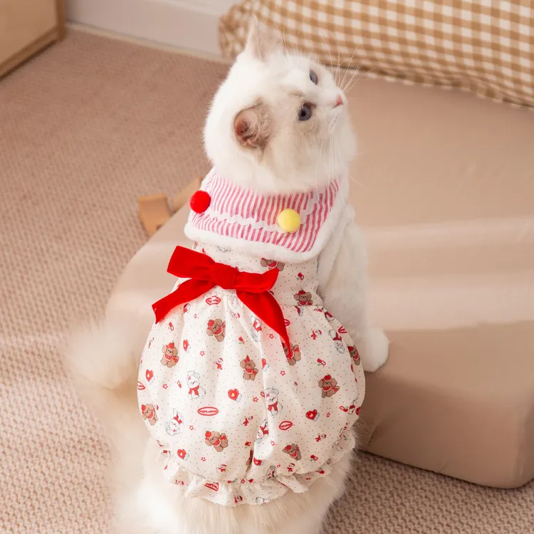 秋冬季猫咪衣服加绒保暖公主风蝴蝶结连衣裙成猫幼猫宠物衣服0576