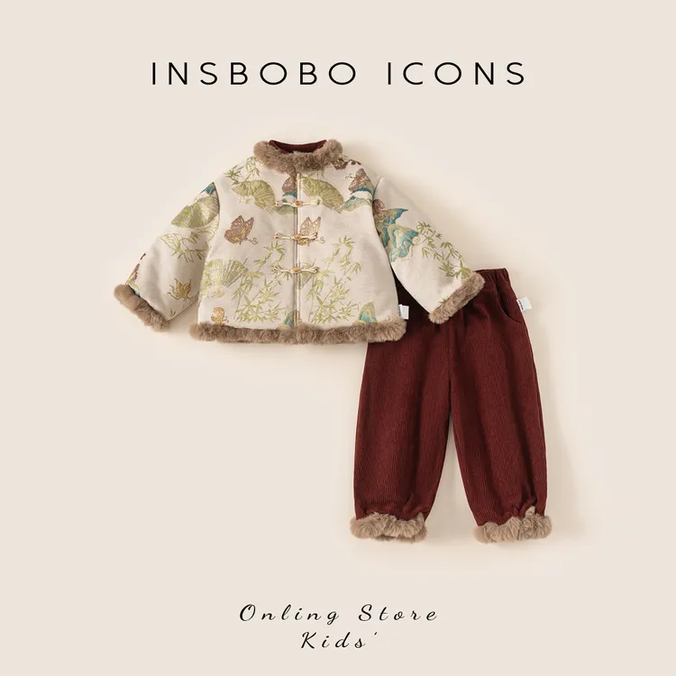 【专属】INSbobo儿童复古套装盘扣绣花外套束脚灯芯绒长裤DT85104
