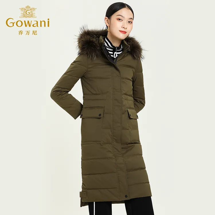 Gowani/乔万尼冬季女长款连帽白鸭绒高级感女士保暖羽绒服EB4T133