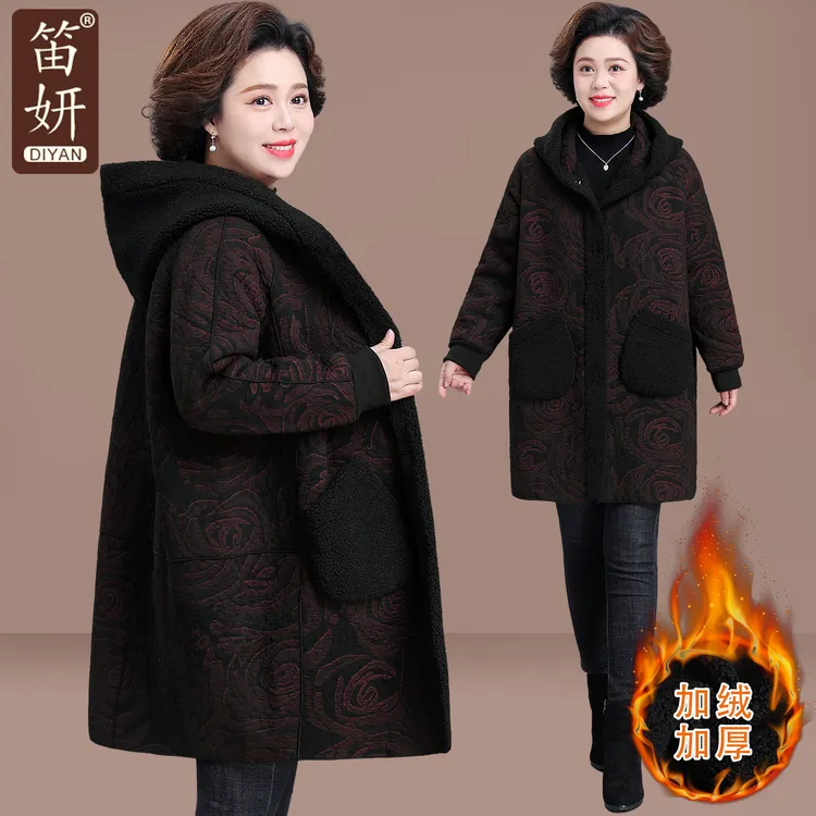 妈妈冬装外套羊羔绒加厚棉袄中老年女秋冬毛呢大衣双面穿保暖棉服