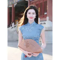 凌茜恣禾【悠琳】国风新中式蓝色梭织印花温柔拼接流苏旗袍连衣裙