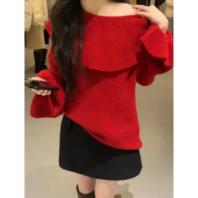 圣诞节穿搭新年法式大翻领红色毛衣女秋冬季宽松慵懒风针织衫上衣