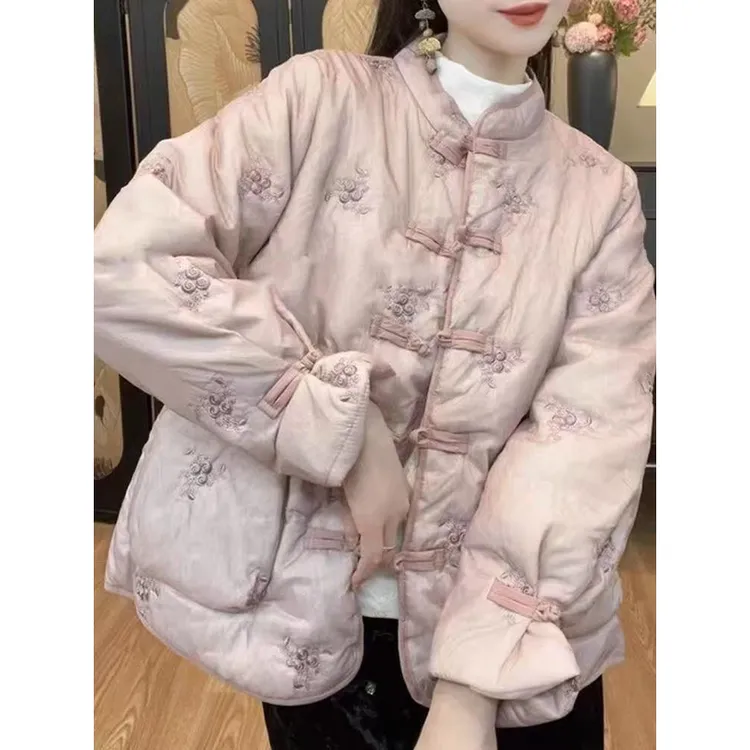 桃漫~夹棉国风重工新中式刺绣棉服冬季复古盘扣设计盘扣外套546