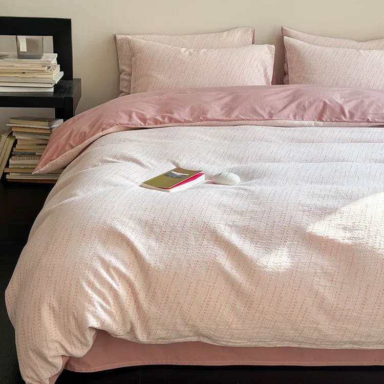 纯棉全棉三层纱床上四件套纯棉简约提花双层纱被套床单三件套床品